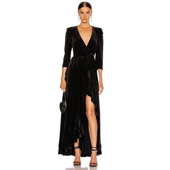 Retrofête Black Velvet Wrap Flora Dress Multicolor Polka Dot Women’s Size Small - Picture 1 of 15
